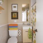 elegant small bathroom design with gorgeous green mat and interesting washing stand with pale cream wall design feat wonderful nature painting