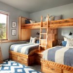 gorgeous wooden bunk bed furniture beautiful silvery grey wall coloring concept interesting ethnic blue carpet magnificent large glass window