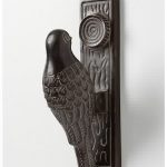 unique doorknocker dark brown wood bird doorknocker white door woodpecker inspirated doorknocker design detailed crafted wood for bird and tree