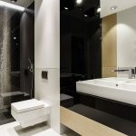 amazing black and white bathroom area for minimalist apartment with gorogeus white large sink and interesting wall mount bidet with decorative mosaic shower area in tile flooring concept
