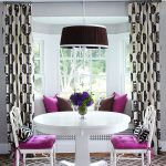 large bay window with floor-to-ceiling beautiful white-black curtains artistic pendant lamp with black cover a comfortable living room furniture with sweet purple and white  accent  diamond-cut prints carpet