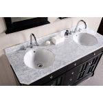 white granite top vanity with white round deep porcelain sinks and stainless steel faucets