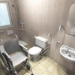 gorgeous grey handicap accessible bathroom design with wheel chair aside modern toilet seat with simple vanity design beneath casual wall mirror