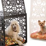 modern and creative black metal fancy dog crate design with slapped door with carved surface in white and black