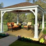 outdoor pavilion plans at the backyard with wooden floor and comfy armchairs and round coffee table plus green and pretty garden surround