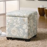 wonderful soft blue floral patterned ottoman design with black legs and file storage upon furry rug on wooden floor aside glass window
