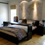wooden headboards at ikea with maps and nightstand with  globes and alarm plus clock and panel bed and wooden floor plus bedding set