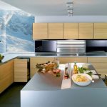 A sketch of modern kitchen idea  wood top and under kitchen cabinets in minimalist style metal surface countertop and kitchen island large frameless glass windows for kitchen