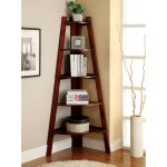 Simple corner ladder as shelving unit small white wool rug a minimalist pot with decorative dried plant glossy stained wood flooring idea