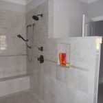 White tile walk in shower without door with bathroom wall niche wall mount showerhead heldhand showerhead