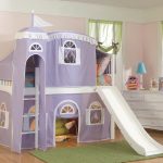 adorable sweet purple crib size bunk bed esign with tent and sliding and green area rug and beige floor and dresser