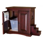 Darker coated wood cat litter box cabinet with stairs and door