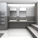 Hard metal wire towel warmer minimalist bathroom double sinks and a pair of frameless mirrors open shower space with modern wall mounted showerhead