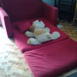 Red Sofa Changes Into Bed WIth Dog Doll