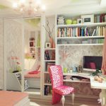 White and Colorful Teenage Desk Pink With Chandelier And Shelfs