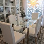classy white dining set with tall backrest ikea chair design with rectangle glass table and patterned area rug and bookshelves and glass window