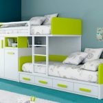 gorgeous white and green pic of bunk bed idea with patterned white mattress and stair beneath blue wall on blue flooring with white rug