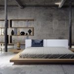 industrial bedroom ideas with low profile platform bed frame combined with stunning bedding and bedside table plus awesome ceiling lamp and wooden bookcase