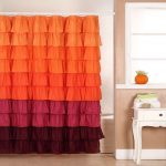ombre ar deco shower curtain ideas in orange pink and brown color aside vintage white vaity with orange pot and creamy wall