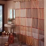 sheer bohemian shower curtain idea with plaid pattern in red tone with freestanding sink and metal table and glass window