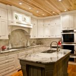 Awesome Wood Ceiling Planks In Kitchen With White Kitchen Set And Marble Countertop