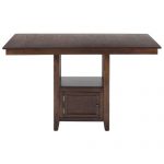 Dark brown coated wooden pub table in rectangular shape with mini single cabinet at the bottom