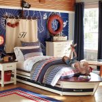 Funky Nautical Themed For Kids Bedroom With Black Curtain And Small Table