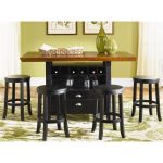Wood top rectangular pub table with black painted wooden base wine bottle storage and twin drawers four series of round wooden bar stools in black
