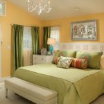 adorable bedroom with best color paint for small room of orange and green with comfortable bedding and glass door and dresser and wooden floor