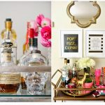 breathtaking bar cart accessories with wine and liquors plus cutest flowers on the vase and straws plus decorative poster on the wall and mirror