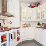 white kitchen ideas with small stove oven plus white kitchen cabinets plus white granite countertop plus grey flooring