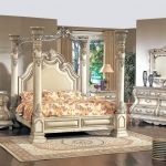 An idea of fancy bed set with big four pillars and higher classic look headboard a classic themed bedside table with table lamp a classic bedroom vanity with framed mirror