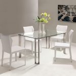 Small Rectangular Dining Table With Glass Design And White Chairs