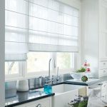 awesome semi transparent blind for kitchen in white color in white kitchen with black top and dining set