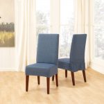 blue fabric slipcovers for dining room chairs made of wooden featuring white drapes on glass windows and laminate floor