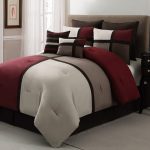 stunning bedroom design with glass window and white sheer curtain and red white brown california king bed comforter set