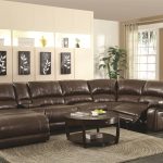 Big Brown Leather Sectional Sofas With Recliners And Chaise With Round Wooden Coffee Table And Cool Rug