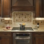 Contemporary Wood Vent Hood With Metal Grey Stove And Pretty Backsplash Tile