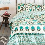 Fresh Green Leaves Urban Outfitter Bedding Design With Unique Lamp And Wooden Small Chair