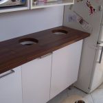 Wooden Hole Of Ikea Recycle Bins In The Kitchen With White Cabinet And Refrigerator
