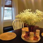 Wooden Round Table With Centerpieces For Dining Room Tables Design Style And White Chairs