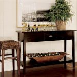Seagrass Counter Stools With Dark Wooden Narrow Table With Bottom Rack For Wine