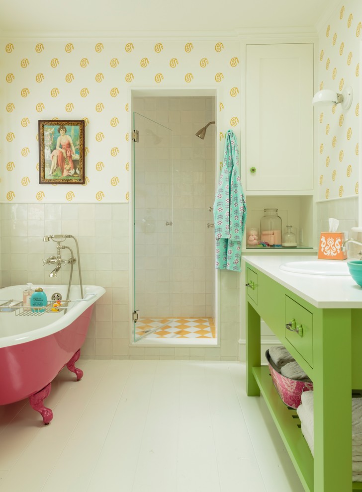 beach style bathroom green bathroom vanity with white undermount sink bathtub with pink frame vintage tiled walls with yellow patterns vintage tiled floors with yellow diamond cut patterns
