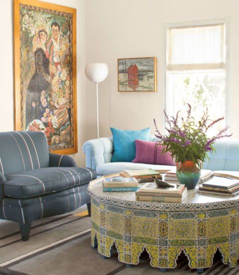 larger Moroccan coffee table with arched legs and pop of yellow mosaic prints