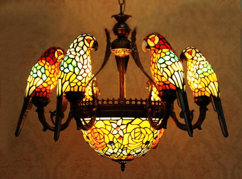 six arms parrots stained glass chandelier with inverted pendant