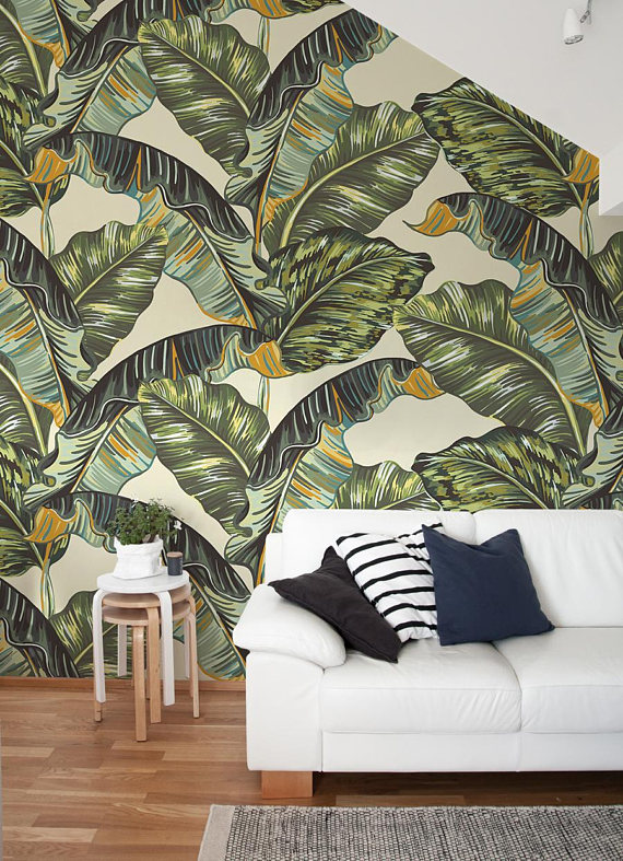 banana leaf wallpaper idea modern white sofa wood side table fabric area rug light wood floors