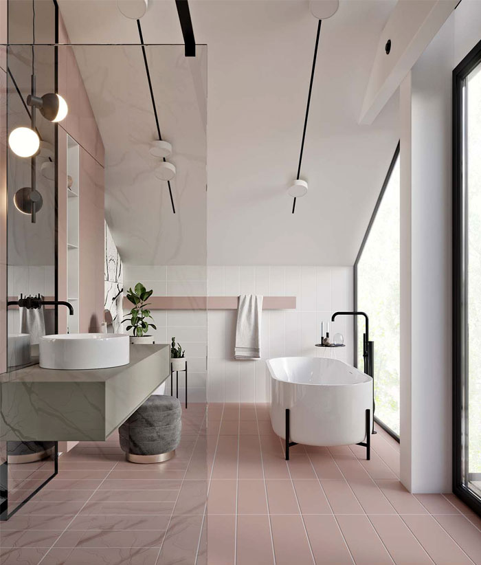 modern minimalist bathroom soft pink tile floors white walls white bathtub in modern style floating bathroom vanity with white sink and marble counter