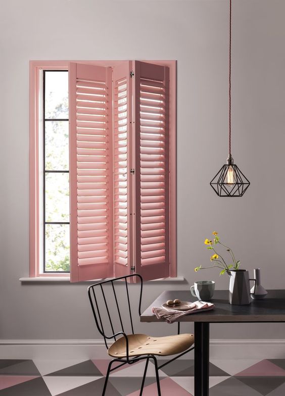 inviting pink window shutter tiny chair with wood seater urban style pendant modern tile floors