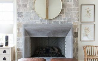 centered fireplace with stoned wall panel a couple of x base stools with leather upholstery
