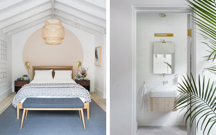good symmetry layouts of bedroom and bathroom midcentury modern bed frame with headboard blue area rug couple of bedside table with gold toned table lamps oversized pendant with bamboo net